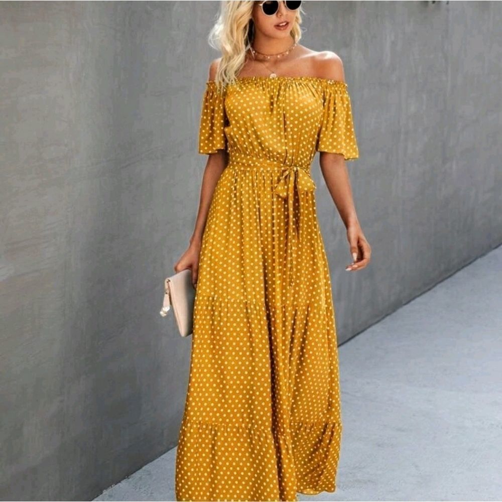 Polka Dot Off the Shoulder Belted Dress